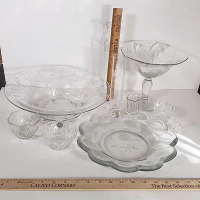 LOT 144D: Collection of Beautiful Etched Glassware; Large Fruit Bowl, Compote & Much More