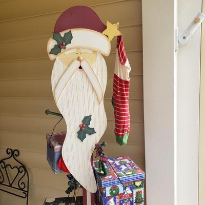 LOT 147G: 6Ft Wooden Santa Decoration with Boxes & Vintage Stockings