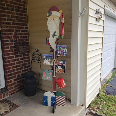 LOT 147G: 6Ft Wooden Santa Decoration with Boxes & Vintage Stockings