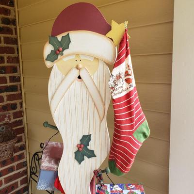 LOT 147G: 6Ft Wooden Santa Decoration with Boxes & Vintage Stockings
