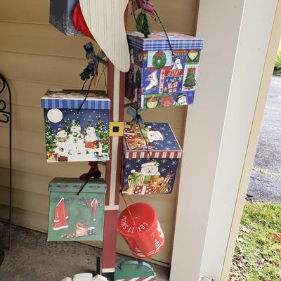 LOT 147G: 6Ft Wooden Santa Decoration with Boxes & Vintage Stockings