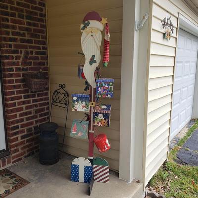 LOT 147G: 6Ft Wooden Santa Decoration with Boxes & Vintage Stockings