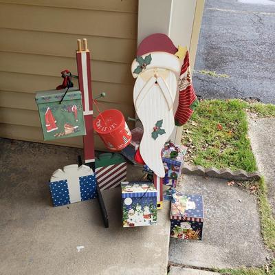 LOT 147G: 6Ft Wooden Santa Decoration with Boxes & Vintage Stockings