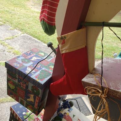 LOT 147G: 6Ft Wooden Santa Decoration with Boxes & Vintage Stockings