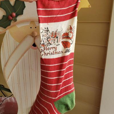 LOT 147G: 6Ft Wooden Santa Decoration with Boxes & Vintage Stockings