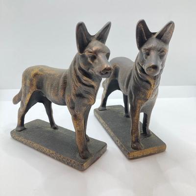 LOT 71: Pair of Brass Shepherd Dog Book Ends with Collection of Dog Related Books and More
