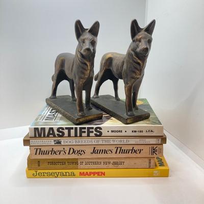 LOT 71: Pair of Brass Shepherd Dog Book Ends with Collection of Dog Related Books and More