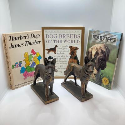 LOT 71: Pair of Brass Shepherd Dog Book Ends with Collection of Dog Related Books and More
