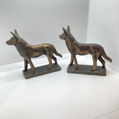LOT 71: Pair of Brass Shepherd Dog Book Ends with Collection of Dog Related Books and More