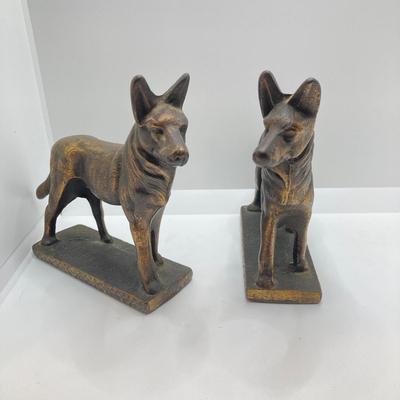 LOT 71: Pair of Brass Shepherd Dog Book Ends with Collection of Dog Related Books and More