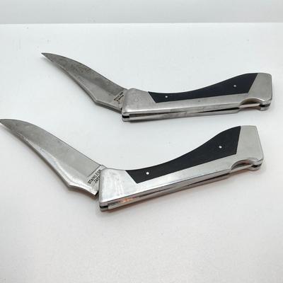 LOT 73: Pair of Sharp 300 Folding Knives with Leather Sheaths
