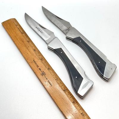 LOT 73: Pair of Sharp 300 Folding Knives with Leather Sheaths