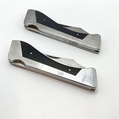 LOT 73: Pair of Sharp 300 Folding Knives with Leather Sheaths
