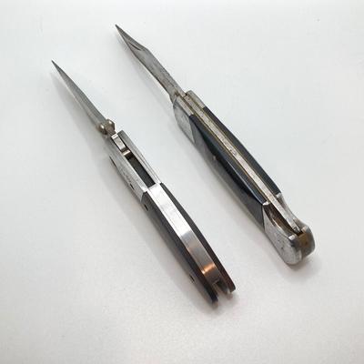 LOT 76: Pair of Folding Knives with Leather Sheaths