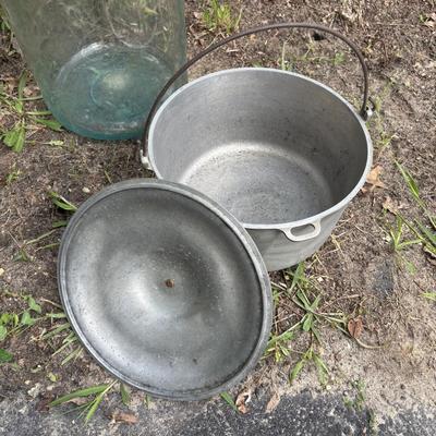 LOT 88: Vintage Enamelware, Glass Water Jug & Aluminum Pot