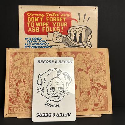 LOT 97: Vintage Signs & Ephemera - Wally Wood Disneyland Erotic Art, Before and After Beer Sign & 1970s Tommy Toilet Poster