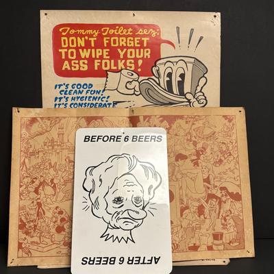 LOT 97: Vintage Signs & Ephemera - Wally Wood Disneyland Erotic Art, Before and After Beer Sign & 1970s Tommy Toilet Poster