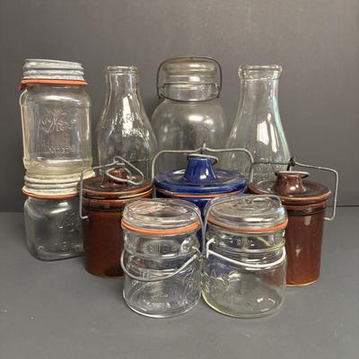 LOT 107: Milk Bottle, Canning Jars & Stoneware Crocks