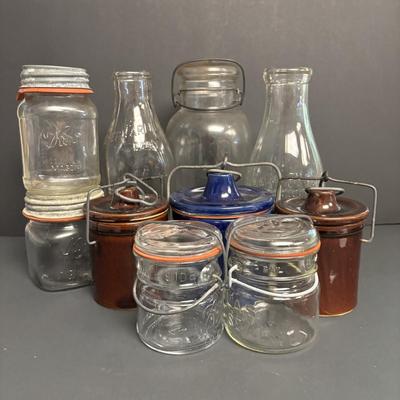 LOT 107: Milk Bottle, Canning Jars & Stoneware Crocks