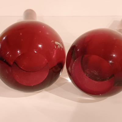 LOT 112: Vintage Chribska-Style Art Glass Vase with Ruby Red Art Glass Bud Vases