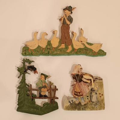 LOT 113: Hummel Goebel Merry Wanderer and For Father Figurines with Hummel Ornament & Painted Wood Die Cuts