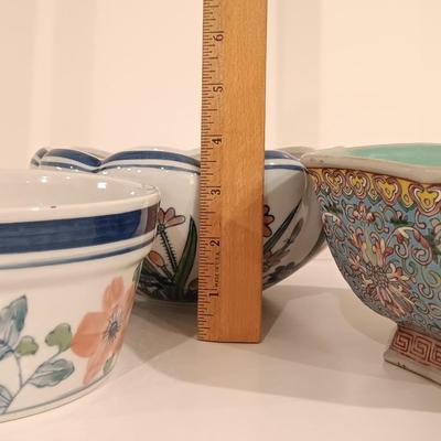 LOT 114: Vintage Chinese Republic Period-Style Enameled Pheonix Bowl, AAA Imports Hand Painted Floral Bowl & Mikasa-Style Floral Bowl
