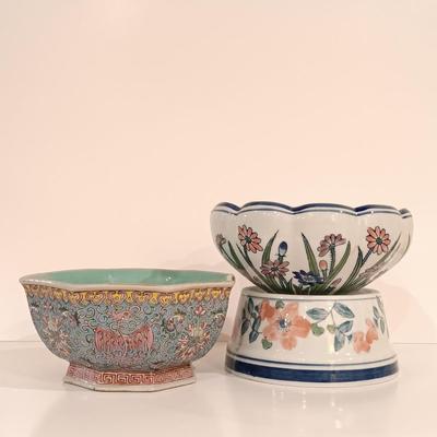 LOT 114: Vintage Chinese Republic Period-Style Enameled Pheonix Bowl, AAA Imports Hand Painted Floral Bowl & Mikasa-Style Floral Bowl