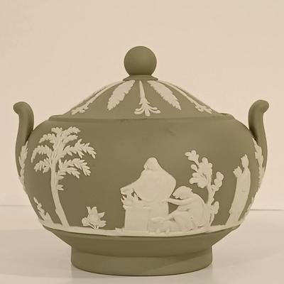 LOT 117: Wedgwood Green Jasperware Sugar Bowl, Creamer and Plate with Blue Jasperware Egg Box