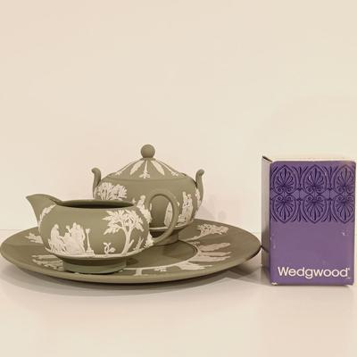 LOT 117: Wedgwood Green Jasperware Sugar Bowl, Creamer and Plate with Blue Jasperware Egg Box