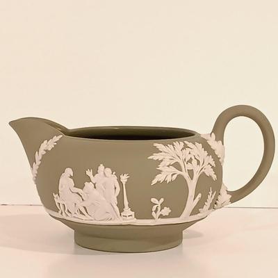 LOT 117: Wedgwood Green Jasperware Sugar Bowl, Creamer and Plate with Blue Jasperware Egg Box