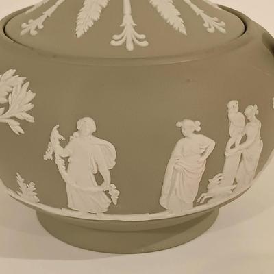LOT 117: Wedgwood Green Jasperware Sugar Bowl, Creamer and Plate with Blue Jasperware Egg Box