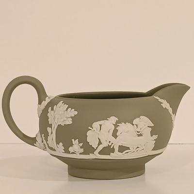 LOT 117: Wedgwood Green Jasperware Sugar Bowl, Creamer and Plate with Blue Jasperware Egg Box