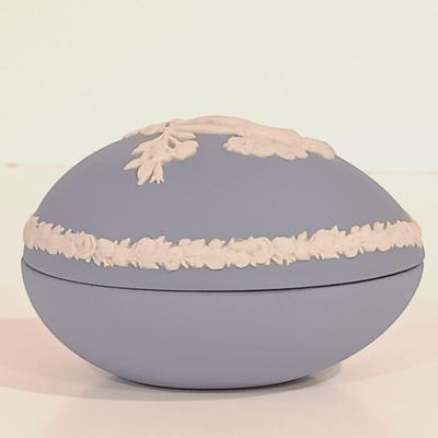 LOT 117: Wedgwood Green Jasperware Sugar Bowl, Creamer and Plate with Blue Jasperware Egg Box