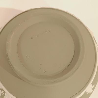 LOT 117: Wedgwood Green Jasperware Sugar Bowl, Creamer and Plate with Blue Jasperware Egg Box