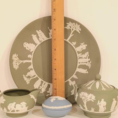 LOT 117: Wedgwood Green Jasperware Sugar Bowl, Creamer and Plate with Blue Jasperware Egg Box