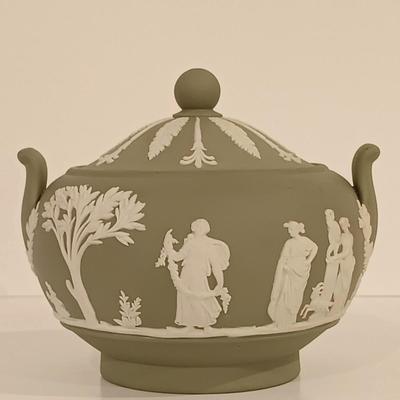 LOT 117: Wedgwood Green Jasperware Sugar Bowl, Creamer and Plate with Blue Jasperware Egg Box