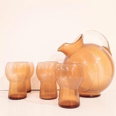 LOT 119: Vintage Cambridge-Style Amber Gold Glass Pitcher & Tumblers