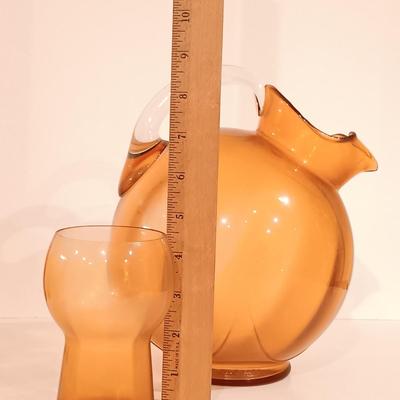 LOT 119: Vintage Cambridge-Style Amber Gold Glass Pitcher & Tumblers