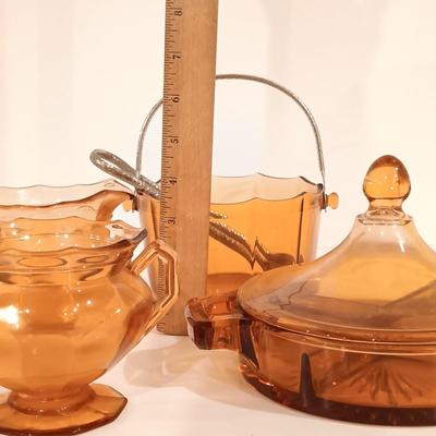 LOT 120: Vintage Cambridge-Style Amber Gold Ice Bucket, Sugar Bowl, Creamer & More
