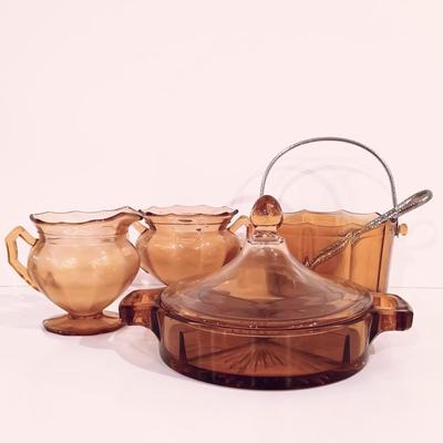 LOT 120: Vintage Cambridge-Style Amber Gold Ice Bucket, Sugar Bowl, Creamer & More