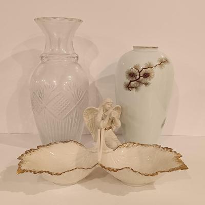 LOT 124: Fukagawa Arita Handpainted Vase, Lenox Serving Dish, Lenox Angel & Crystal Vase