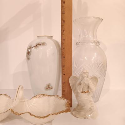LOT 124: Fukagawa Arita Handpainted Vase, Lenox Serving Dish, Lenox Angel & Crystal Vase