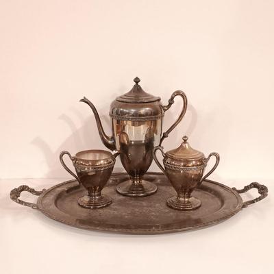LOT 128: Silver on Copper Teapot, Creamer, Sugar Bowl & Tea Tray