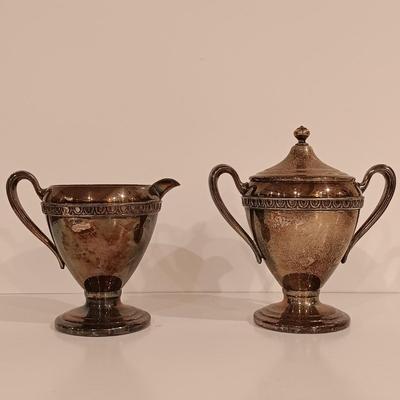 LOT 128: Silver on Copper Teapot, Creamer, Sugar Bowl & Tea Tray