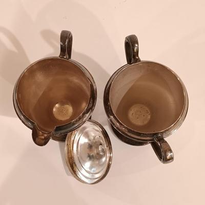 LOT 128: Silver on Copper Teapot, Creamer, Sugar Bowl & Tea Tray