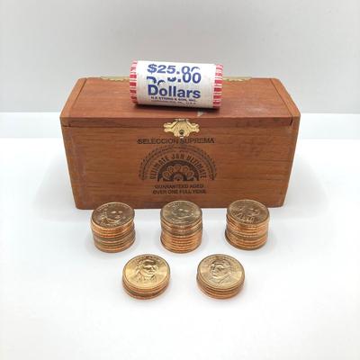 LOT 136: Collection of US President One Dollar $1.00 Loose Coins with $25 Uncirculated Roll of Thomas Jefferson Dollars in Cigar Box