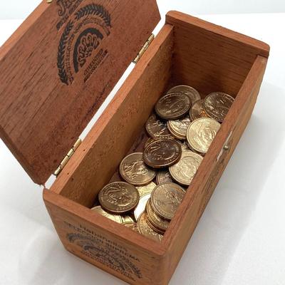 LOT 136: Collection of US President One Dollar $1.00 Loose Coins with $25 Uncirculated Roll of Thomas Jefferson Dollars in Cigar Box