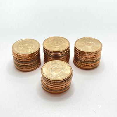 LOT 136: Collection of US President One Dollar $1.00 Loose Coins with $25 Uncirculated Roll of Thomas Jefferson Dollars in Cigar Box