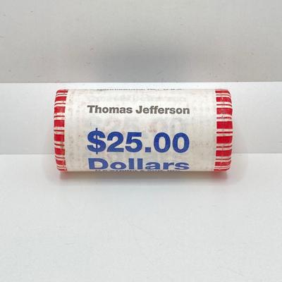 LOT 136: Collection of US President One Dollar $1.00 Loose Coins with $25 Uncirculated Roll of Thomas Jefferson Dollars in Cigar Box