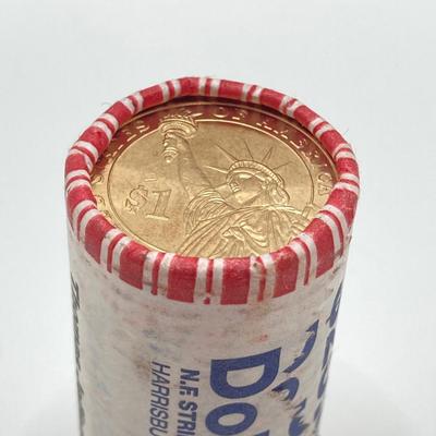 LOT 136: Collection of US President One Dollar $1.00 Loose Coins with $25 Uncirculated Roll of Thomas Jefferson Dollars in Cigar Box